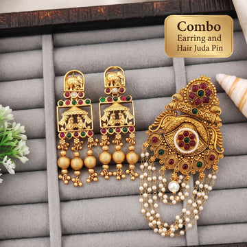 JS Fashion Combo Traditional Heritage Designer Earrings & Antique Gold Finish Juda Pin For Women - Dista
