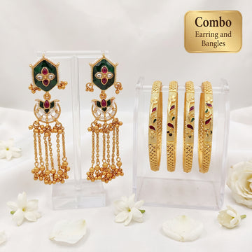 JS Fashion Combo Temple Style Long Chain Earrings & Traditional Fancy Bangle Set of 4 For Women - Dista