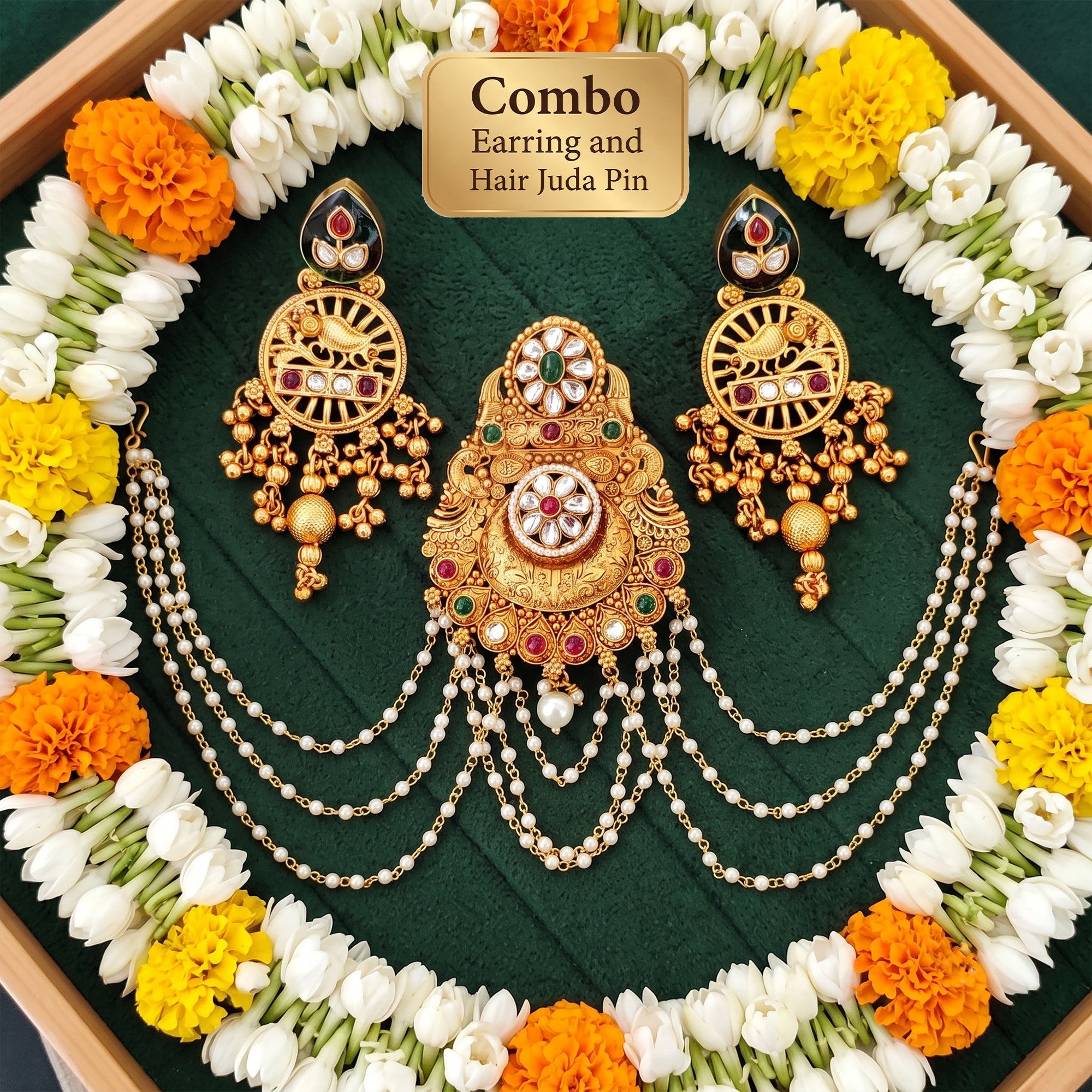 JS Fashion Combo Antique High Gold Bird Motif Dangler Earrings &Temple Style Pearl Chain Juda Hair Accessory - Dista