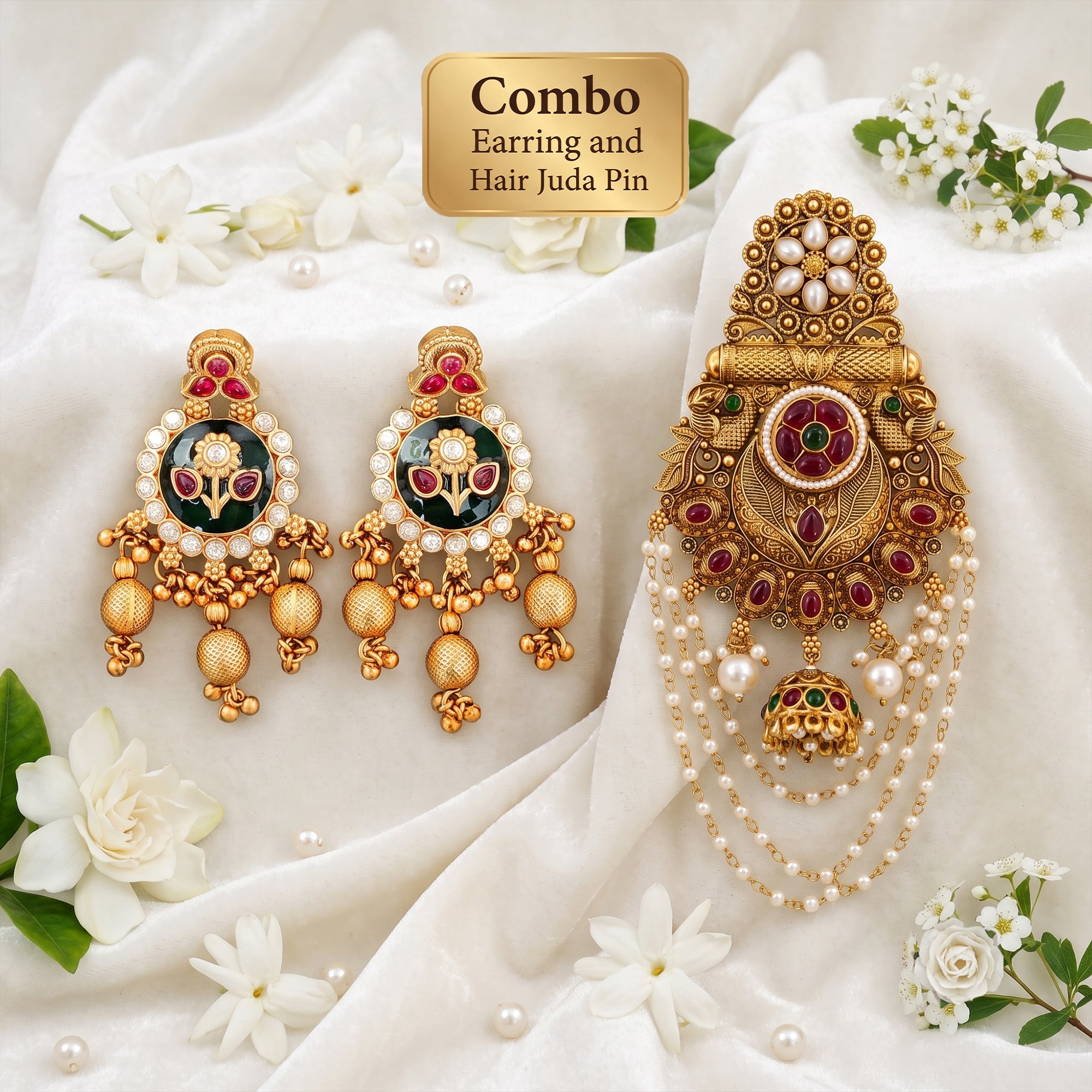 JS Fashion Combo Rajwadi Floral Designer Earrings & High Gold Pearl Juda Hair Accessory For Women - Dista