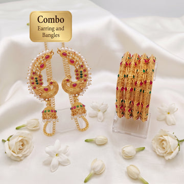 JS Fashion Combo Antique Peacock Kaan Chain Jhumka Earrings & Rajwadi Polish Antique Set of 4 Bangles For Women - Dista