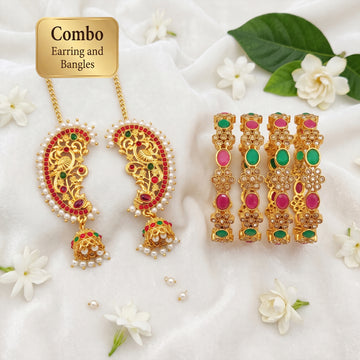 JS Fashion Combo Traditional Temple Long Earrings & Antique High Gold Bangles Set of 4 For Women - Dista