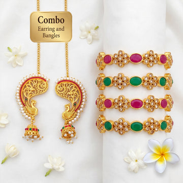 JS Fashion Combo Antique Peacock Jhumka Earrings With Pearl Drops & Antique High Gold Set of 4 Bangles For Women - Dista