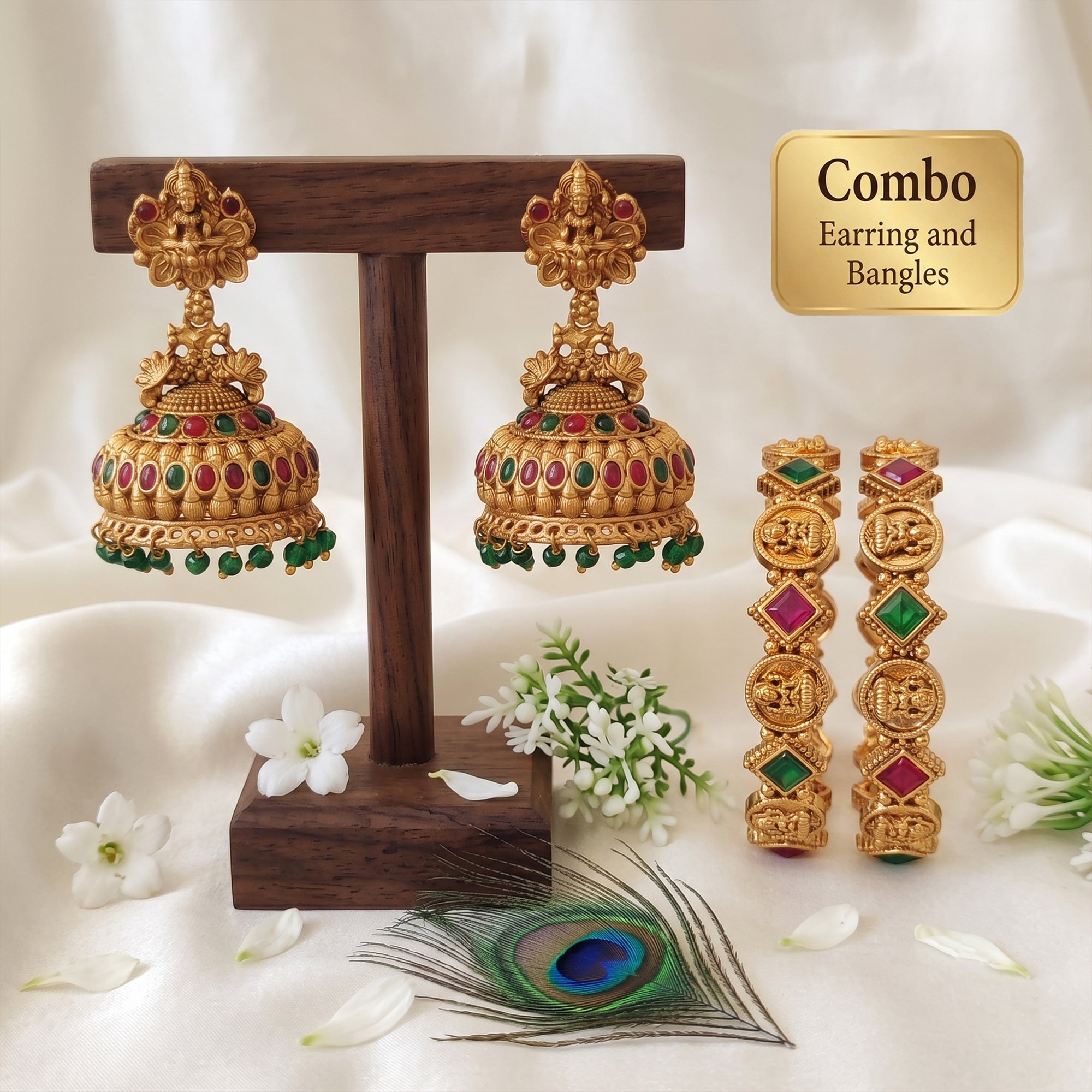 JS Fashion Combo Antique Gold Temple Jhumki Earrings & Temple Coin Set of 2 Bangles For Women - Dista