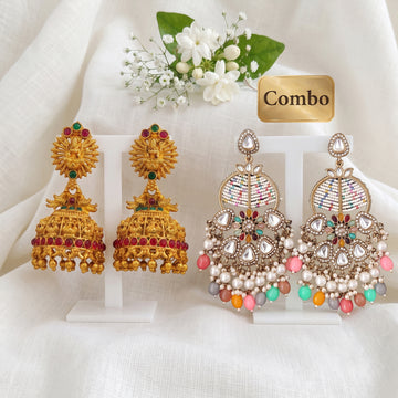 JS Fashion Combo Mehendi Multicolor Beaded Antique Earrings & High Gold Temple Jhumka Earrings For Women - Dista