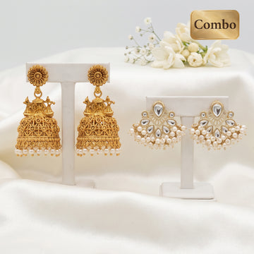 JS Fashion Combo Designer Pearl Drop Kundan Earrings & Antique High Gold Designer Earrings For Women - Dista