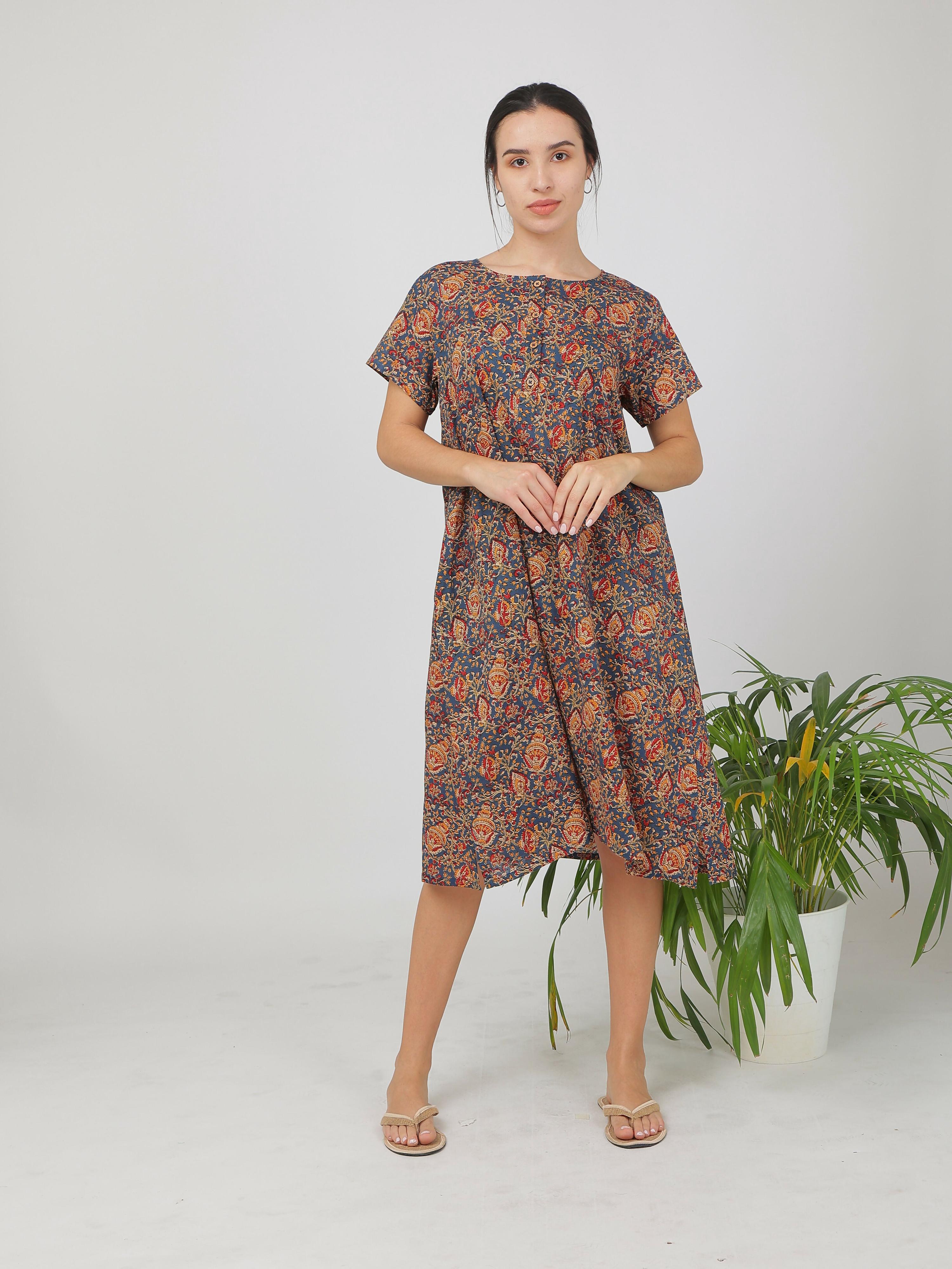 Breathables Women Cotton Printed Loungewear Nightie Blue I Night Wear | Nighty | Jaipuri Print - Dista