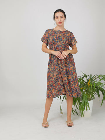 Breathables Women Cotton Printed Loungewear Nightie Blue I Night Wear | Nighty | Jaipuri Print - Dista