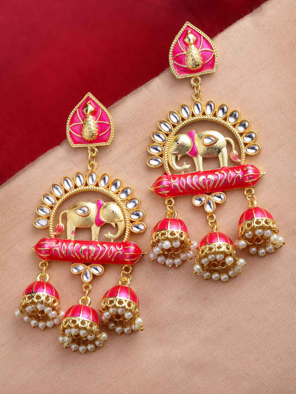 Elephant Shape Pink Jhumki Drop Earrings for Womens by House of Ree - Distacart