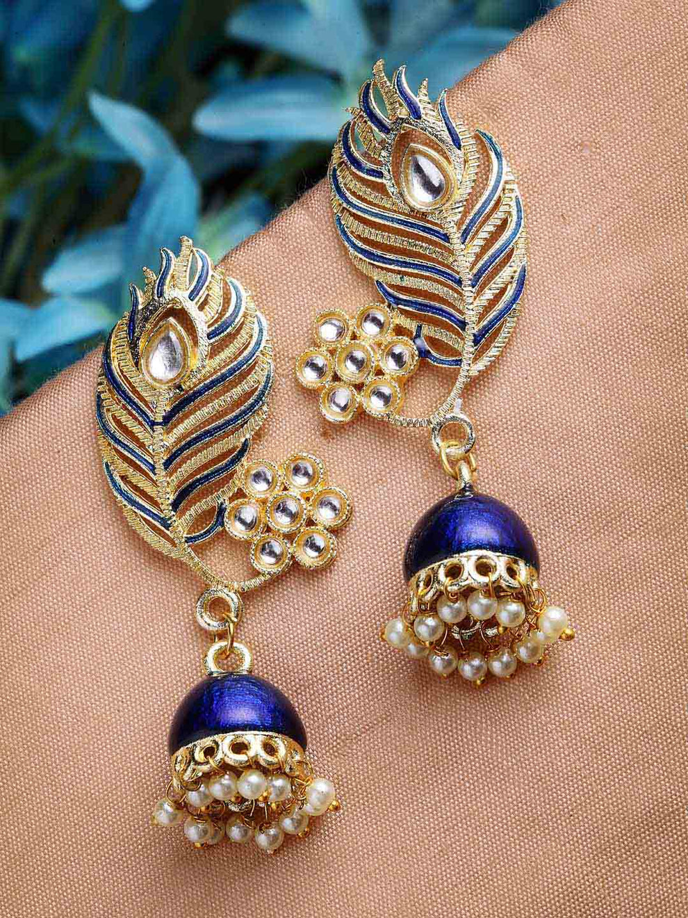 Peacock Feather Pattern Blue Jhumki Drop Earrings for Womens by House of Ree - Distacart