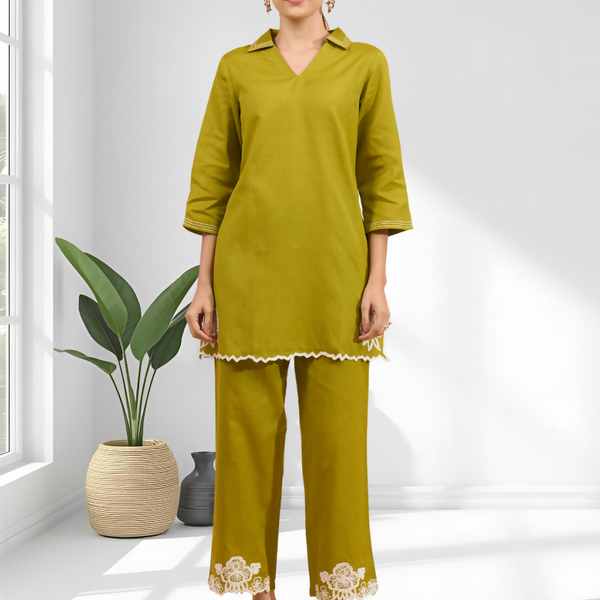 Joban Fashion Green Cotton, Linen Embroidered Readymade Cord Set - Distacart