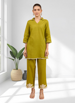 Thumbnail for Joban Fashion Green Cotton, Linen Embroidered Readymade Cord Set - Distacart