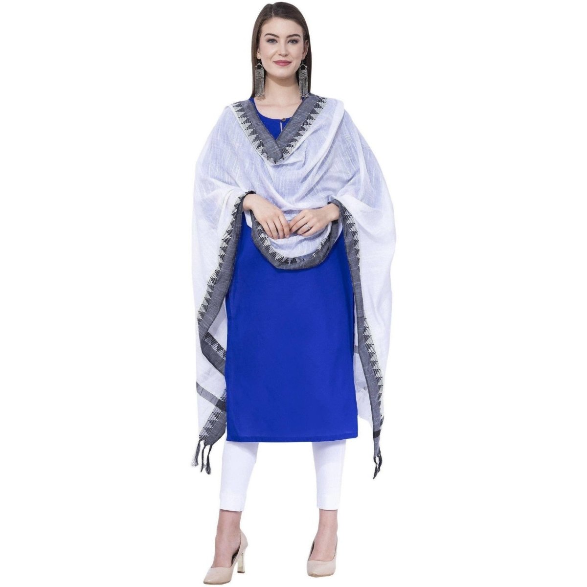 A R SILK White Color Temple border Cotton Dupattas and Chunnis