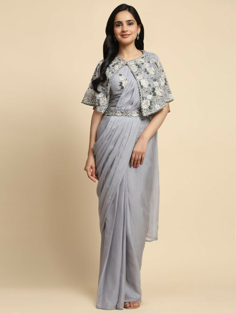 Grey Chiffon Solid Ready to wear Saree with stitched Blouse - Aayan - Distacart