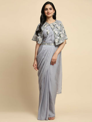Grey Chiffon Solid Ready to wear Saree with stitched Blouse - Aayan - Distacart