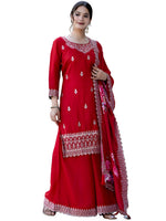Thumbnail for The52 Red Women's Gorgeous Embroidered Vichitra Silk Fabric Straight Kurta, Sharara and Dupatta Set - Distacart
