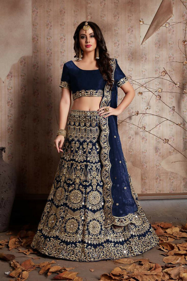 Jyoti Fashion Mesmerizing Navy Blue Sequins Embroidered Velvet Lehenga Choli with Dupatta - Distacart