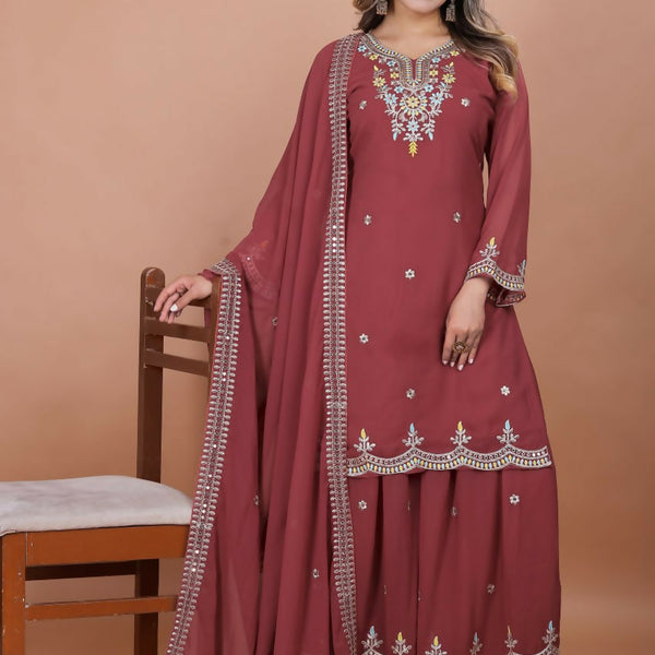 Teeya Creation Brown Color Faux Georgette Embroidery Work Wedding Wear Palazzo Set - Distacart