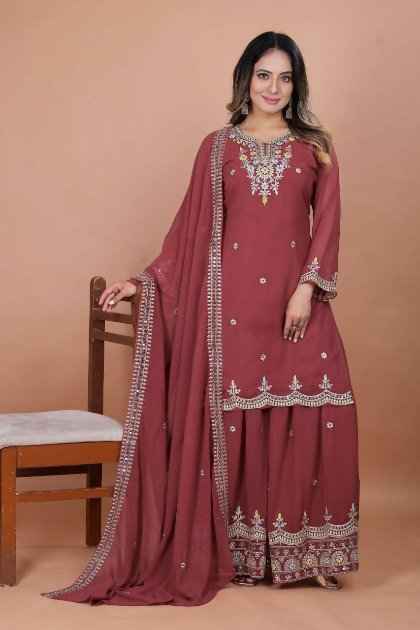 Teeya Creation Brown Color Faux Georgette Embroidery Work Wedding Wear Palazzo Set - Distacart