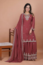 Thumbnail for Teeya Creation Brown Color Faux Georgette Embroidery Work Wedding Wear Palazzo Set - Distacart
