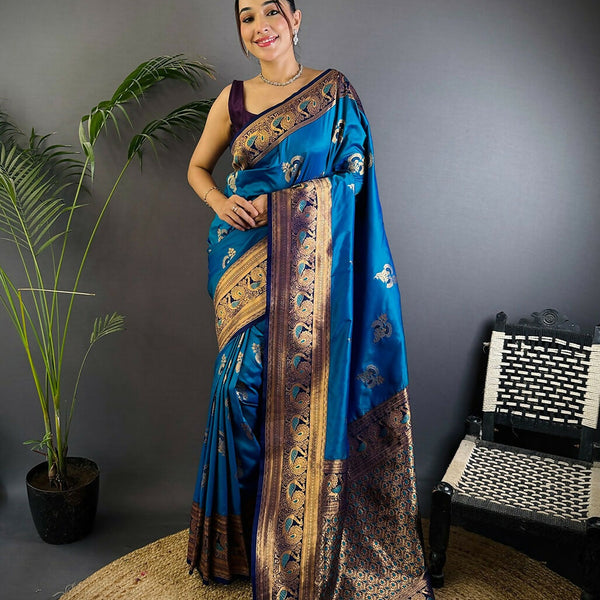 Joban Fashion Banarasi Royal Blue Woven Soft Silk Saree
