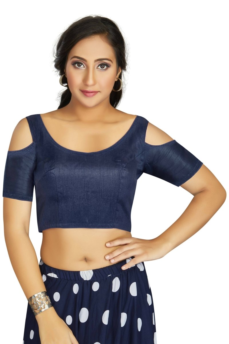 Aastha Fashion Women's Navy Blue Art Silk Cold Shoulder Sleeve Readymade Blouse - Distacart