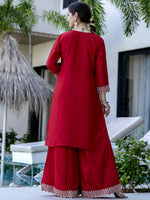 Thumbnail for The52 Red Women's Gorgeous Embroidered Vichitra Silk Fabric Straight Kurta, Sharara and Dupatta Set - Distacart
