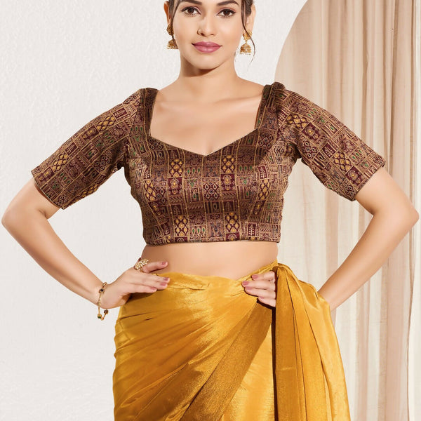 Joban Fashion Dark Maroon Brocade Padded Blouse With Round Neck Elbow Sleeves - Distacart