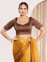 Thumbnail for Joban Fashion Dark Maroon Brocade Padded Blouse With Round Neck Elbow Sleeves - Distacart
