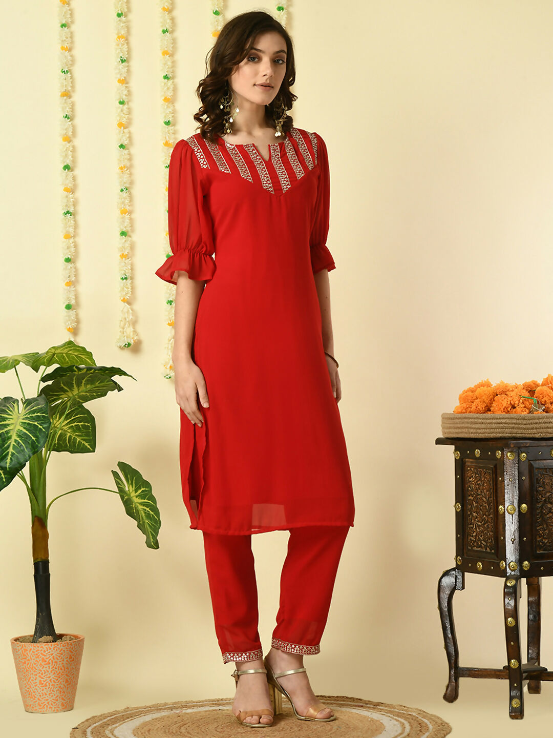 Myshka Women's Red Georgette Kurta With Trousers Party Sets - Distacart
