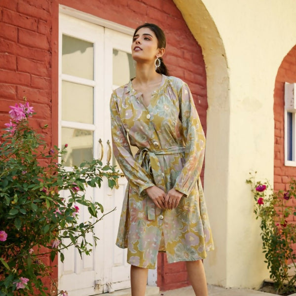 Vaasva Women Green Muslin Floral Printed Knee Length Dress - Distacart