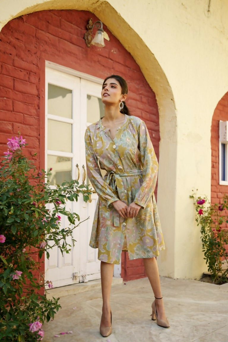 Vaasva Women Green Muslin Floral Printed Knee Length Dress - Distacart