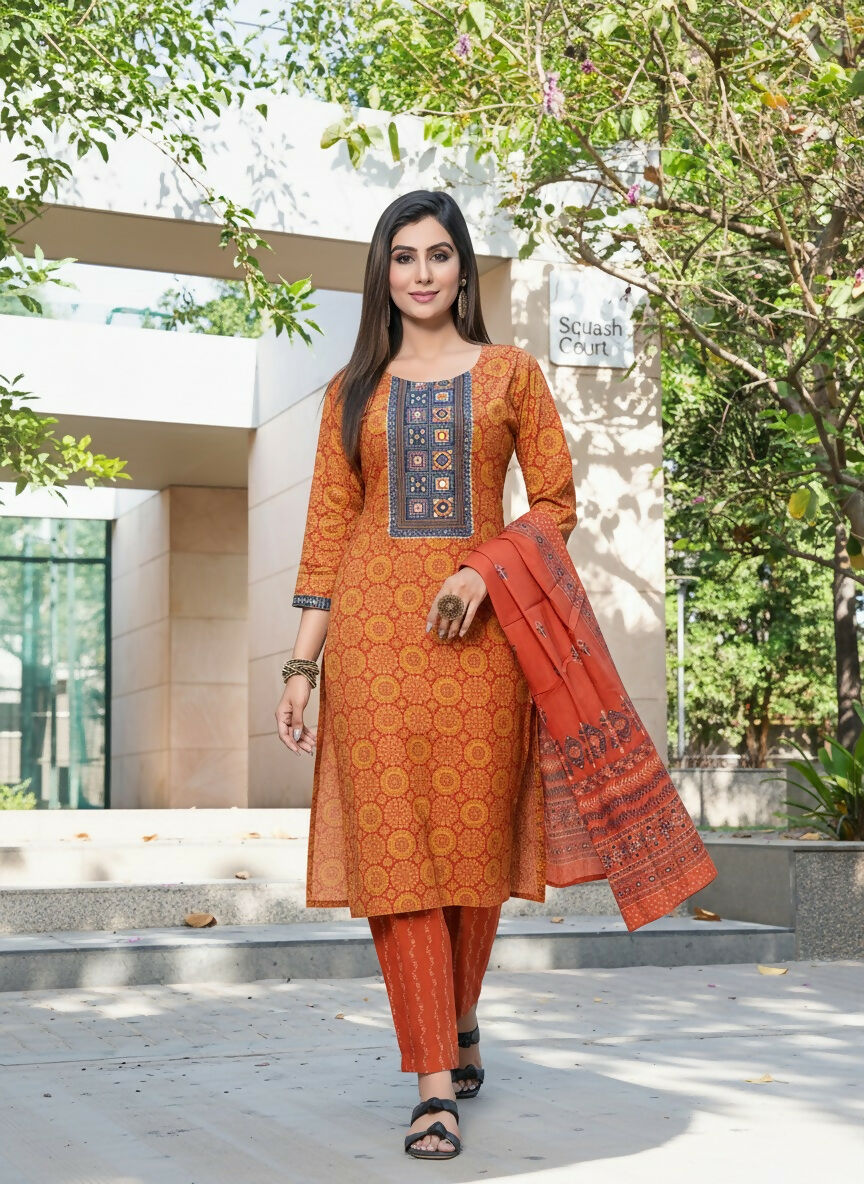 BulBul Aaliya Rust Cotton Kurta Set with Dupatta