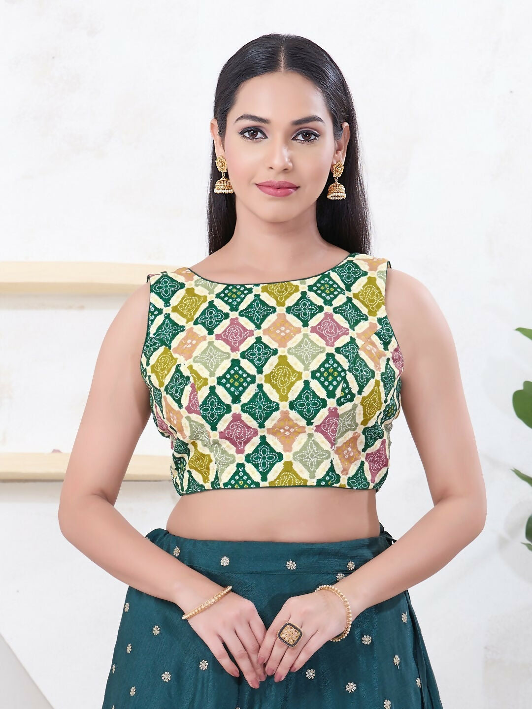 Joban Fashion Green Bandhani Sleeveless Back Open Blouse