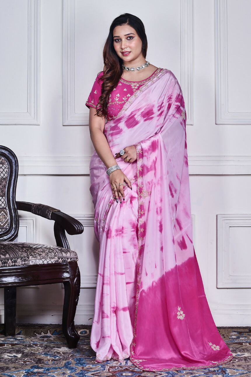 Morchari Pink Crepe Hand Embroidery Saree And Stitched Blouse