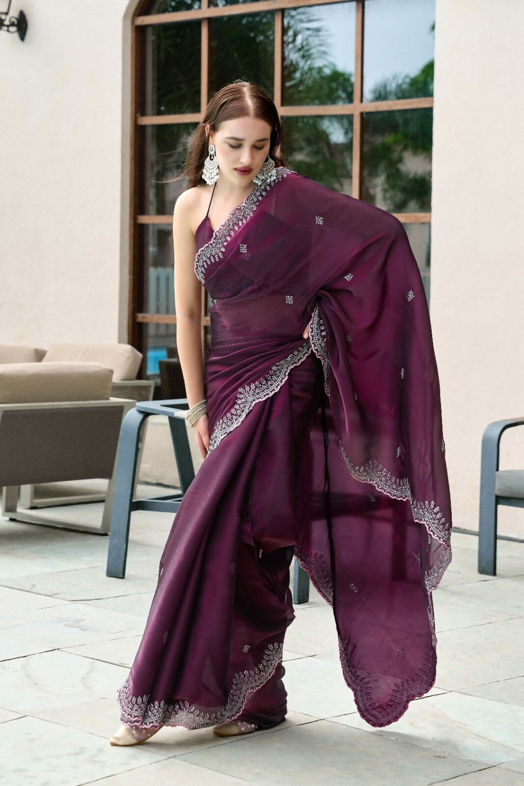Vastranavya Wine Embroidery Work Shimmer Chiffon Saree with Unstitched Blouse