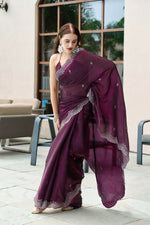 Thumbnail for Vastranavya Wine Embroidery Work Shimmer Chiffon Saree with Unstitched Blouse