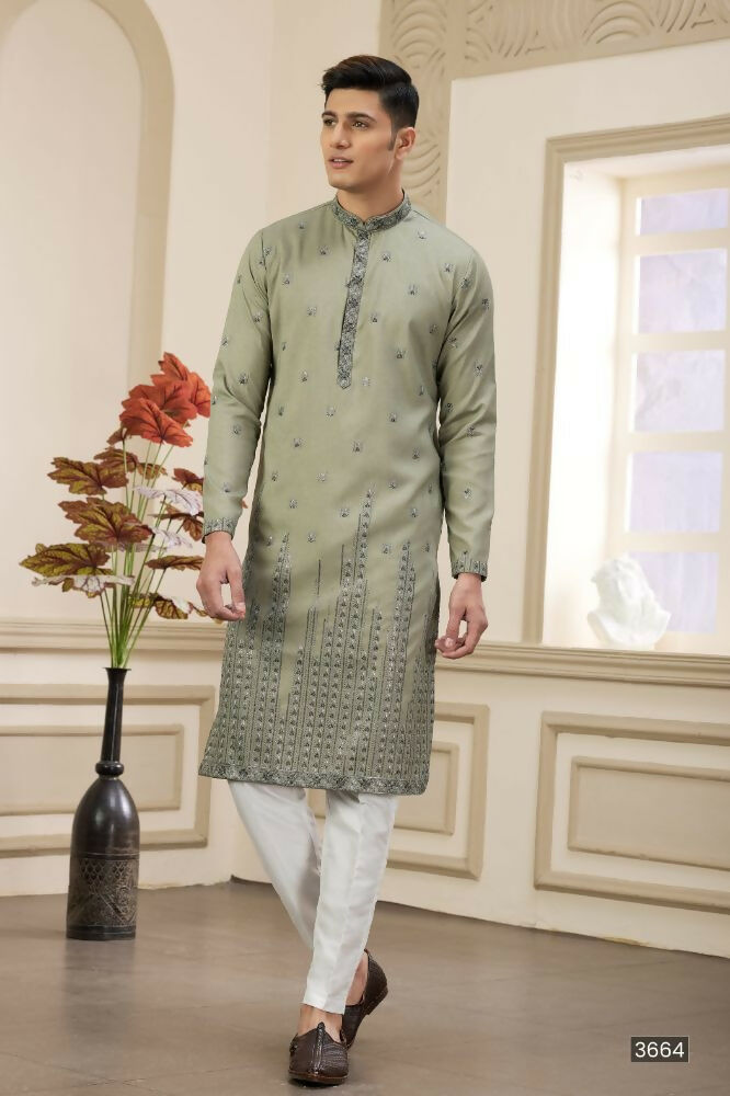 Raivat Ethnic Art Silk Thread Work Kurta Pajama In Green Colour