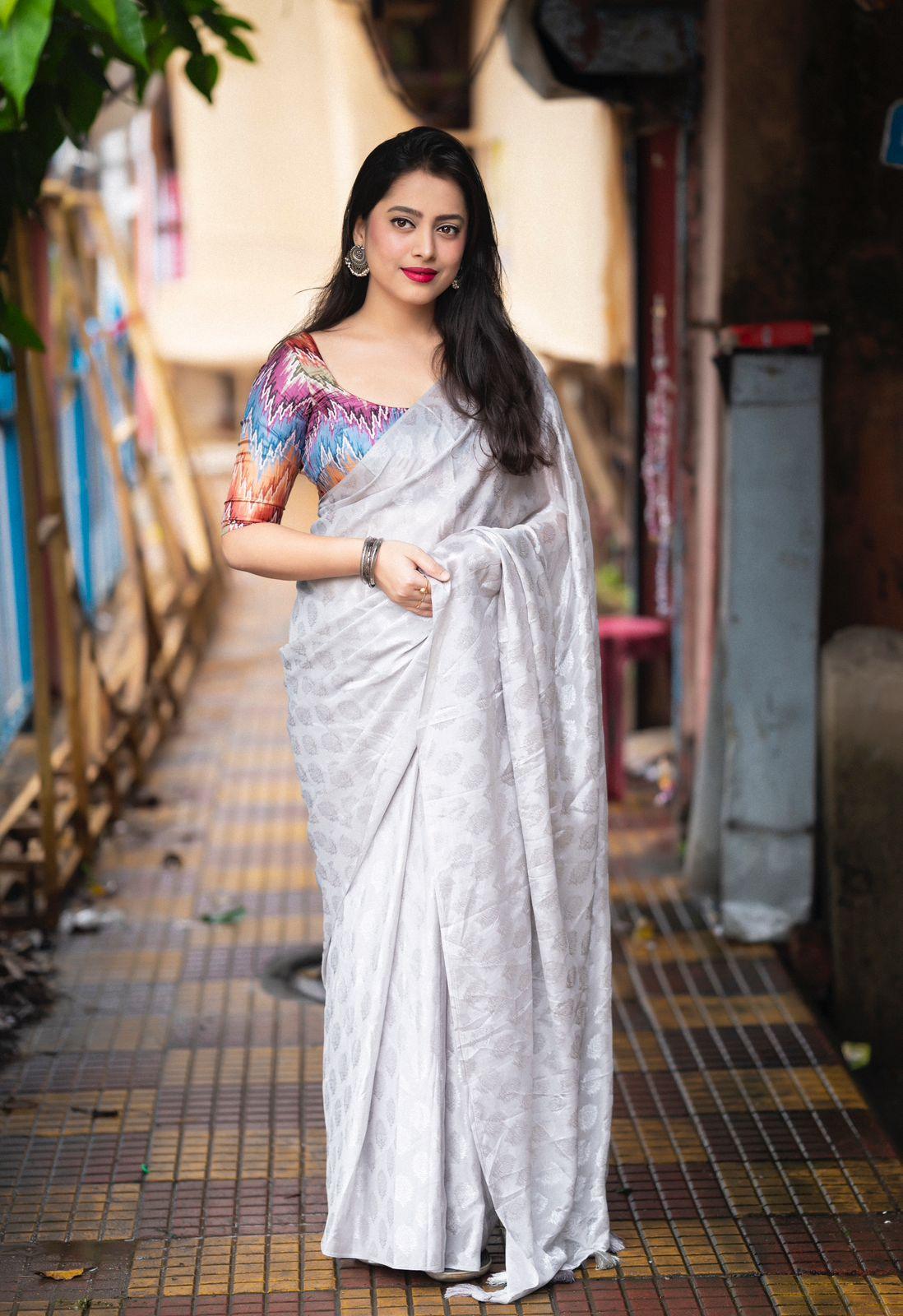 Grey Poly Crepe Ethnic Motifs Saree with Unstitched Blouse - A2M - Distacart