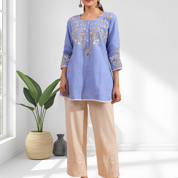 Joban Fashion Sky Blue Cotton, Linen Embroidered Readymade Tunic - Distacart