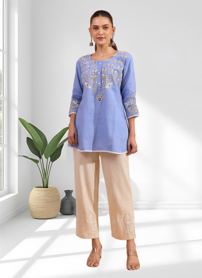 Joban Fashion Sky Blue Cotton, Linen Embroidered Readymade Tunic - Distacart