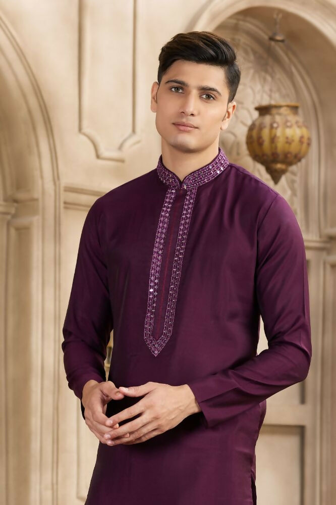 Raivat Ethnic Banarasi Art Silk Mirror Work Kurta Pajama In Wine Colour