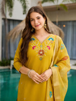 Thumbnail for The52 Yellow Women's Gorgeous Embroidered work Viscose Gadhwal Fabric Straight Kurta, Pant and Dupatta Set - Distacart