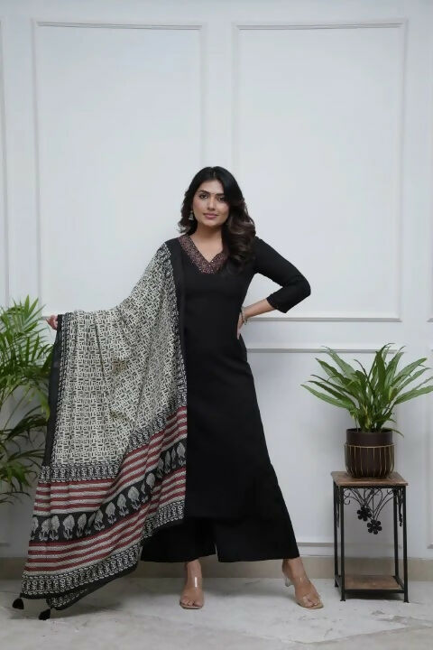 The52 Black Women's Gorgeous Parampara Fabric Embroidered Work Straight Kurta Palazzo and Dupatta Set