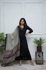 Thumbnail for The52 Black Women's Gorgeous Parampara Fabric Embroidered Work Straight Kurta Palazzo and Dupatta Set - Distacart