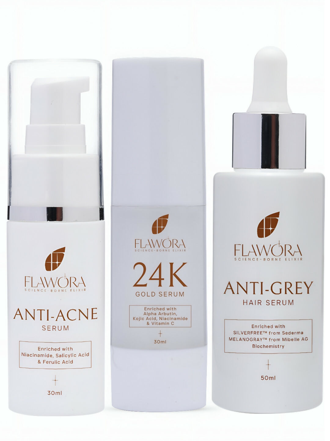 Flawora Set of Anti-Grey Hair Serum for Reversing Grey Hair, Anti Acne Serum to reduce Blackheads and Open Pores and Golden Glow Face Serum for Brightening, Anti-Aging