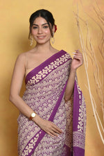 Thumbnail for Very Much Indian Handblock Printed Cotton Saree With Natural Dyes - White - Distacart