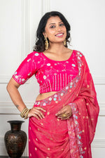 Thumbnail for Morchari Pink Pure Chiffon Hand Embroidery Saree And Stitched Blouse