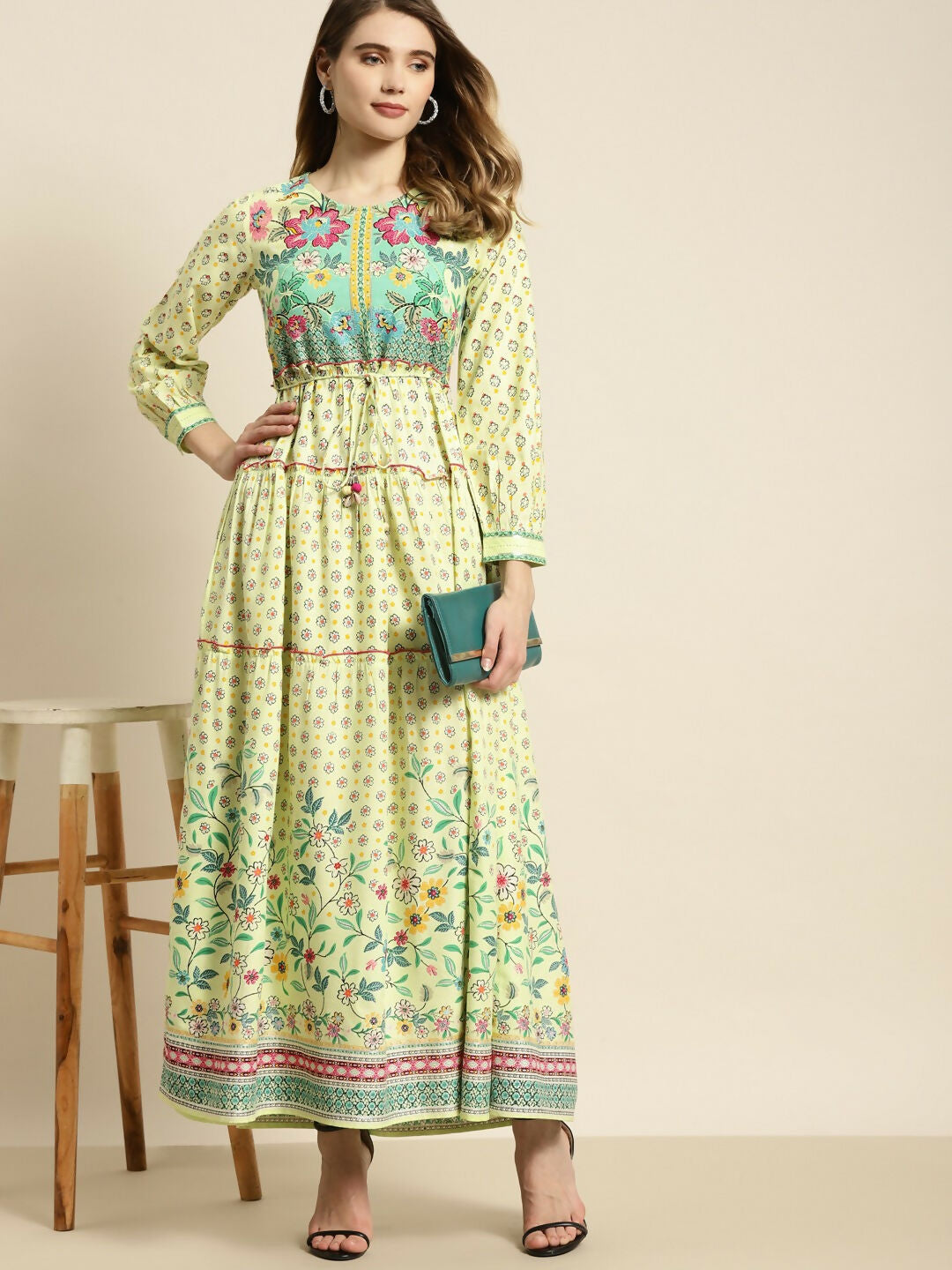 Juniper Lime Green Floral Printed Rayon Maxi Dress With Dori Tie-Up & Tassels On Waist - Distacart