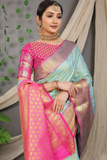 Thumbnail for Jyoti Fashion Women's Sky Blue Kanjivaram Silk Zari Woven Saree with Blouse - Distacart